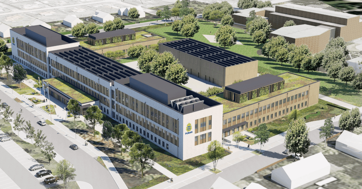 Semi-mobil tornkran IGO 50 och Potain 386 B på byggarbetsplats i Örebro, BPH